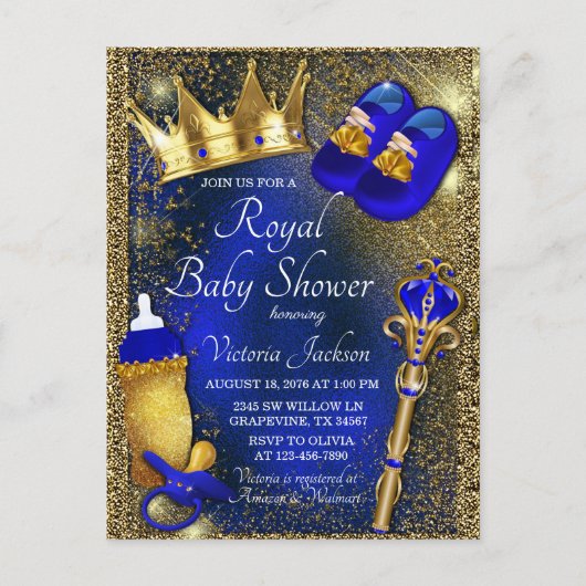Koninklijk blauwe gouden prins baby shower uitnodi briefkaart (Voorkant)