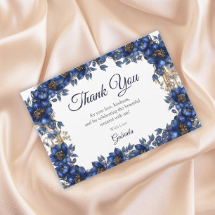Koninklijk Blauwe Gouden Tiara Bloemige Quinceañer Bedankkaart