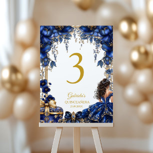 Koninklijk Blauwe Gouden Tiara Bloemige Quinceañer Kaart