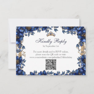 Koninklijk Blauwe Gouden Tiara Bloemige Quinceañer RSVP Kaartje