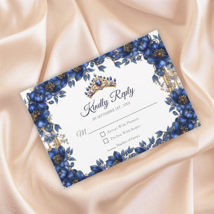 Koninklijk Blauwe Gouden Tiara Bloemige Quinceañer RSVP Kaartje