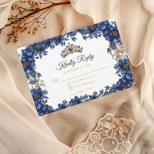 Koninklijk Blauwe Gouden Tiara Bloemige Quinceañer RSVP Kaartje