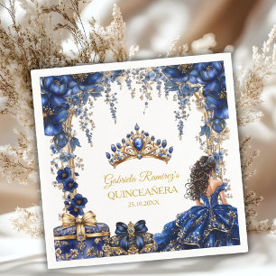 Koninklijk Blauwe Gouden Tiara Bloemige Quinceañer Servet