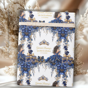 Koninklijk Blauwe Gouden Tiara Bloemrijke Quinceañ Cadeaupapier