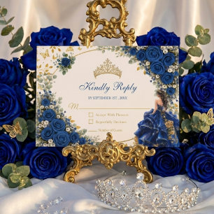Koninklijk Blauwe Gouden Vlinder Quinceañera RSVP Kaartje
