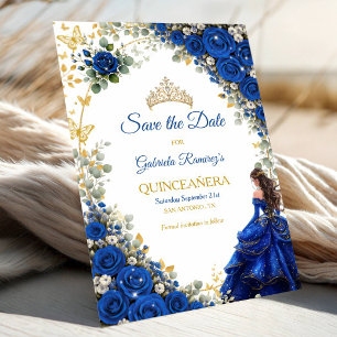 Koninklijk Blauwe Gouden Vlinders Quinceañera  Save The Date