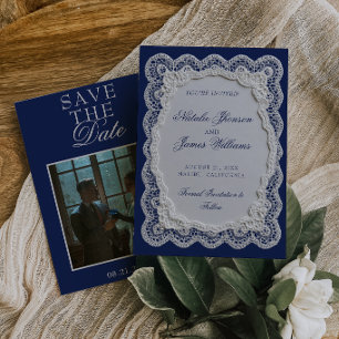 Koninklijk Blauwe Kant Kleedje Oud Geld Foto Huwel Save The Date