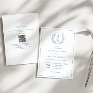 Koninklijk Blauwe Monogram Krans QR Code Bruiloft Kaart