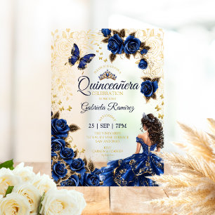 Koninklijk Blauwe Quinceañera Gouden Tiara Rozen Acryl Uitnodigingen