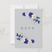 koninklijk blauwe roos witte bloemen grijze antwoo RSVP kaartje (Achterkant)