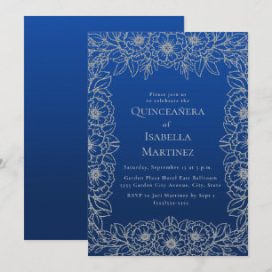 Koninklijk Blauwe Zilveren Bloemige Quinceañera Sw Kaart