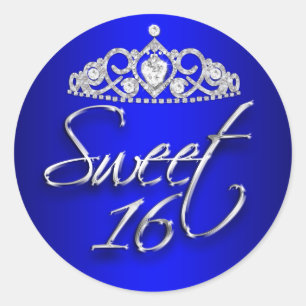 Koninklijk Blauwe & Zilveren Glitter Tiara Sweet 1 Ronde Sticker