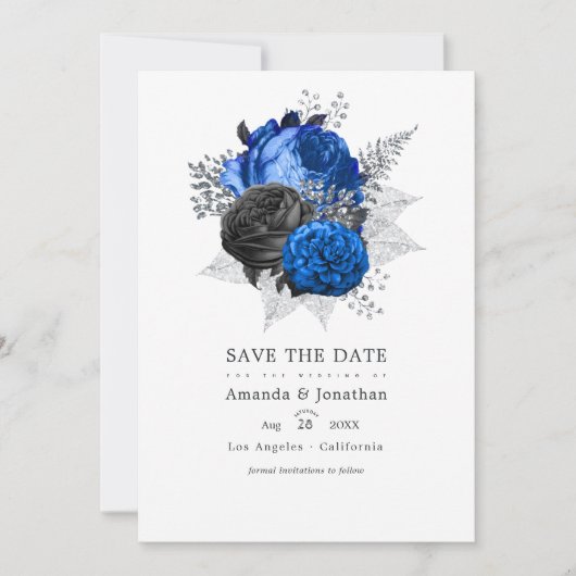 Koninklijk Blauwe, Zwarte en Zilveren Bloemige Tro Save The Date (Voorkant)