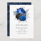 Koninklijk Blauwe, Zwarte en Zilveren Bloemige Tro Save The Date (Voorkant / Achterkant)