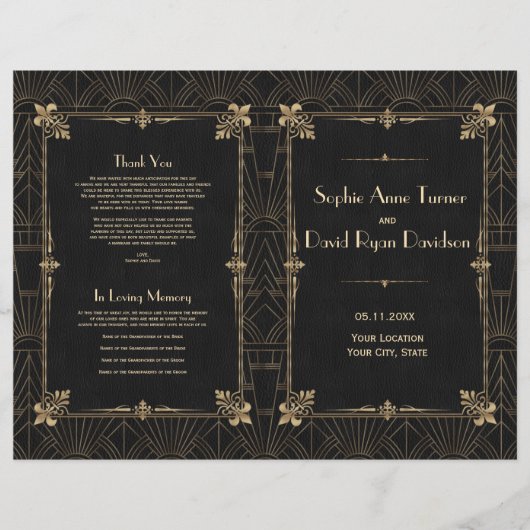 Koninklijk Fleur-de-Lis Art Deco Huwelijksprogramm (Voorkant)