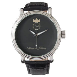 Koninklijk Gouden Kroon Monogram , Elegante Zwarte Horloge