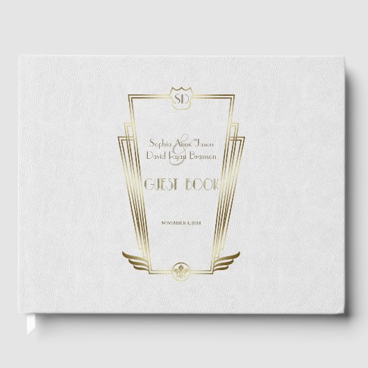 Koninklijk gouden witte Art Deco monogram-huwelijk Gastenboek (Voorkant)