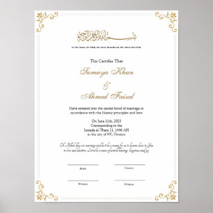 Koninklijk lijst Moslim nikkah certificaat poster