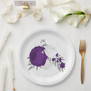 koninklijk paars en witte bloemen zilver papieren bordje