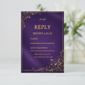 Koninklijk Paars Goud Bloemmotief RSVP Kaartje (Staand voorkant)