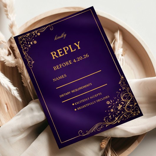 Koninklijk Paars Goud Bloemmotief RSVP Kaartje