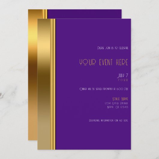 Koninklijk Paars & Goud Elegant Glamour Feest of D Kaart (Voorkant / Achterkant)