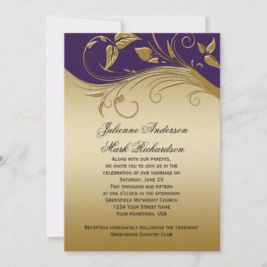 koninklijk Paars goudzirren bruiloft Kaart (Voorkant)