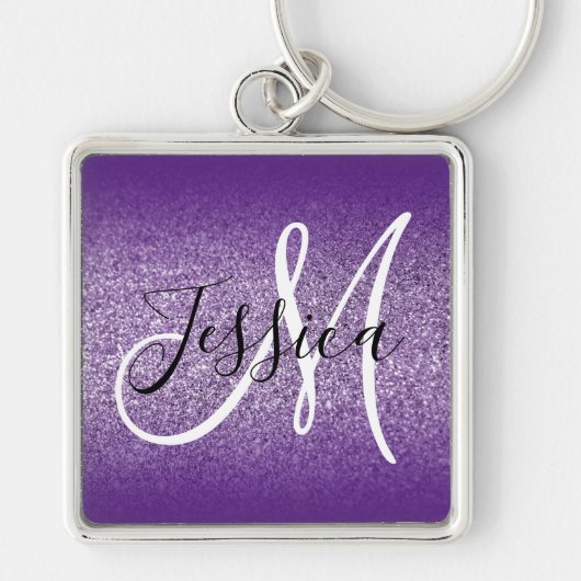 Koninklijk Paars Ombre Edge Amethyst Glitter Monog Sleutelhanger (Voorkant)