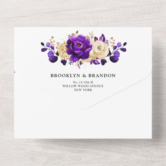 Koninklijk Paars Violette Gouden Bloemige Botanisc All In One Uitnodiging (Achterkant)