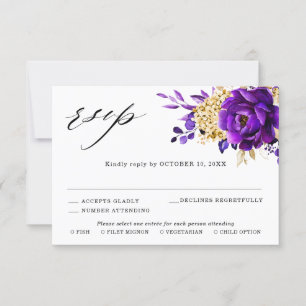 Koninklijk Paars Violette Gouden Bloemige Botanisc RSVP Kaartje