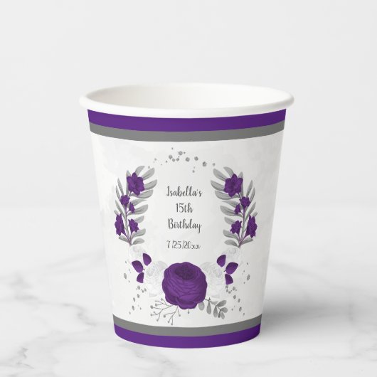 koninklijk paars & witte bloemen zilveren krans papieren bekers (Voorkant)