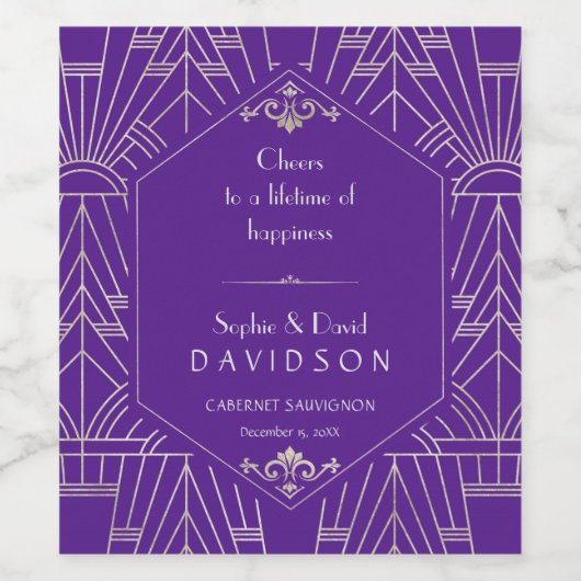 Koninklijk Paars Zilver Great Gatsby 20s Bruiloft Wijn Etiket (Enkel label)