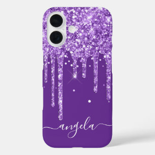 Koninklijk Paarse Glitter Drips Glam Handtekening iPhone 16 Hoesje