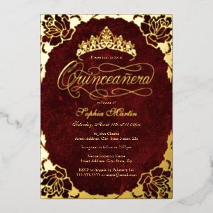 Koninklijk Rode Goud Elegante Roze Script Quincean Folie Uitnodiging