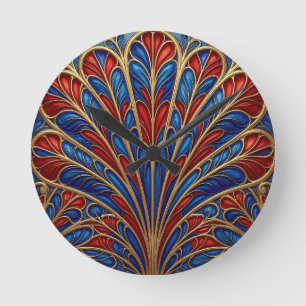 Koninklijk Rood Blauw Goud Weelderig Pauwwaaierpat Ronde Klok