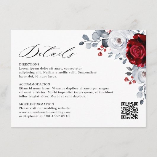 Koninklijk rood wit zilver metallic bloem bruiloft informatiekaartje (Voorkant)