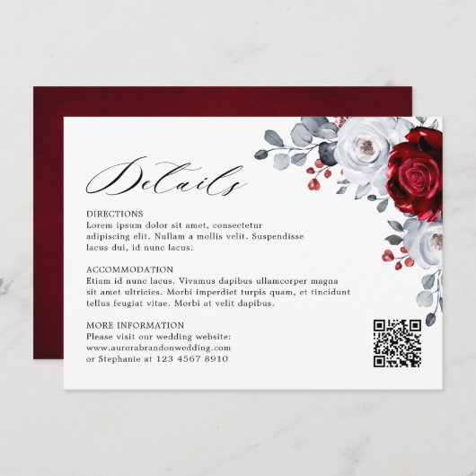 Koninklijk rood wit zilver metallic bloem bruiloft informatiekaartje (Voorkant / Achterkant)