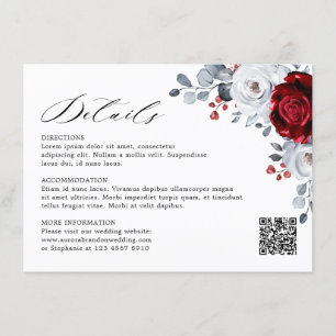 Koninklijk rood wit zilver metallic bloem bruiloft informatiekaartje