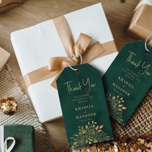 Koninklijk Smaragdgroene Gouden Bloemen Bruiloft D Cadeaulabel