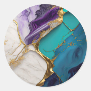 Koninklijk Teal & Amethist Marmer met Gouden Aders Ronde Sticker