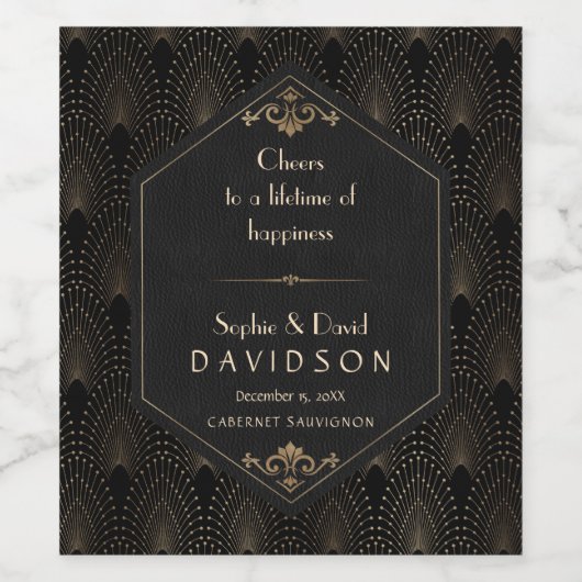 Koninklijk zwart goud Gatsby Art Deco Bruiloft Wijn Etiket (Enkel label)