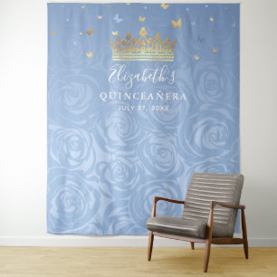Koninklijke Baby Blauwe en Gouden Rozen Foto Achte Wandkleed