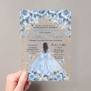 Koninklijke Baby Blauwe Gouden Kroon Quinceañera Acryl Uitnodigingen