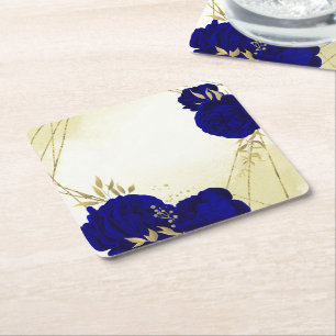 Koninklijke blauwe bloemen gouden bladeren bruilof vierkante kartonnen onderzetter