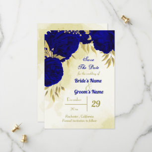 Koninklijke blauwe bloemen gouden bladeren save the date