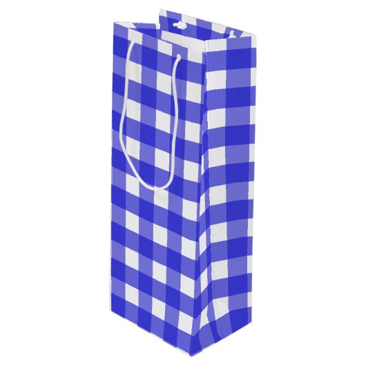 Koninklijke blauwe gingham wijn cadeautas (Voorkant Gekanteld)