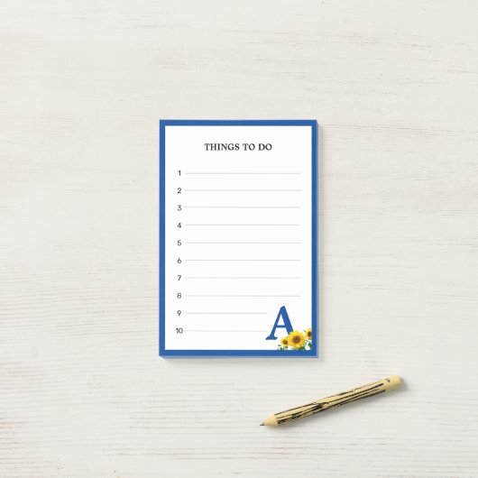 Koninklijke Blauwe Monogram en Zonnebloemen Post-it® Notes (Op bureau)