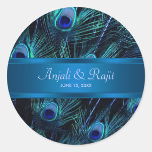 Koninklijke Blauwe Paarse Pauw Huwelijksstickers Ronde Sticker