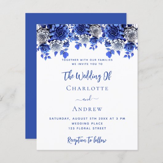 Koninklijke blauwe witte bloemen budget bruiloft u (Voorkant / Achterkant)