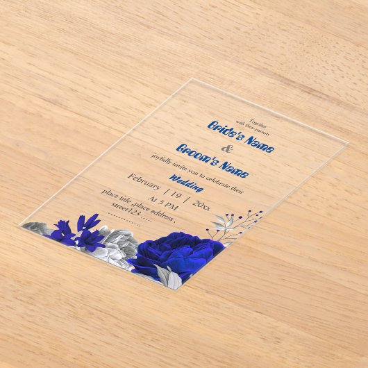 Koninklijke Blauwe & Zilveren Bloemen Botanische B Acryl Uitnodigingen (Laagn)
